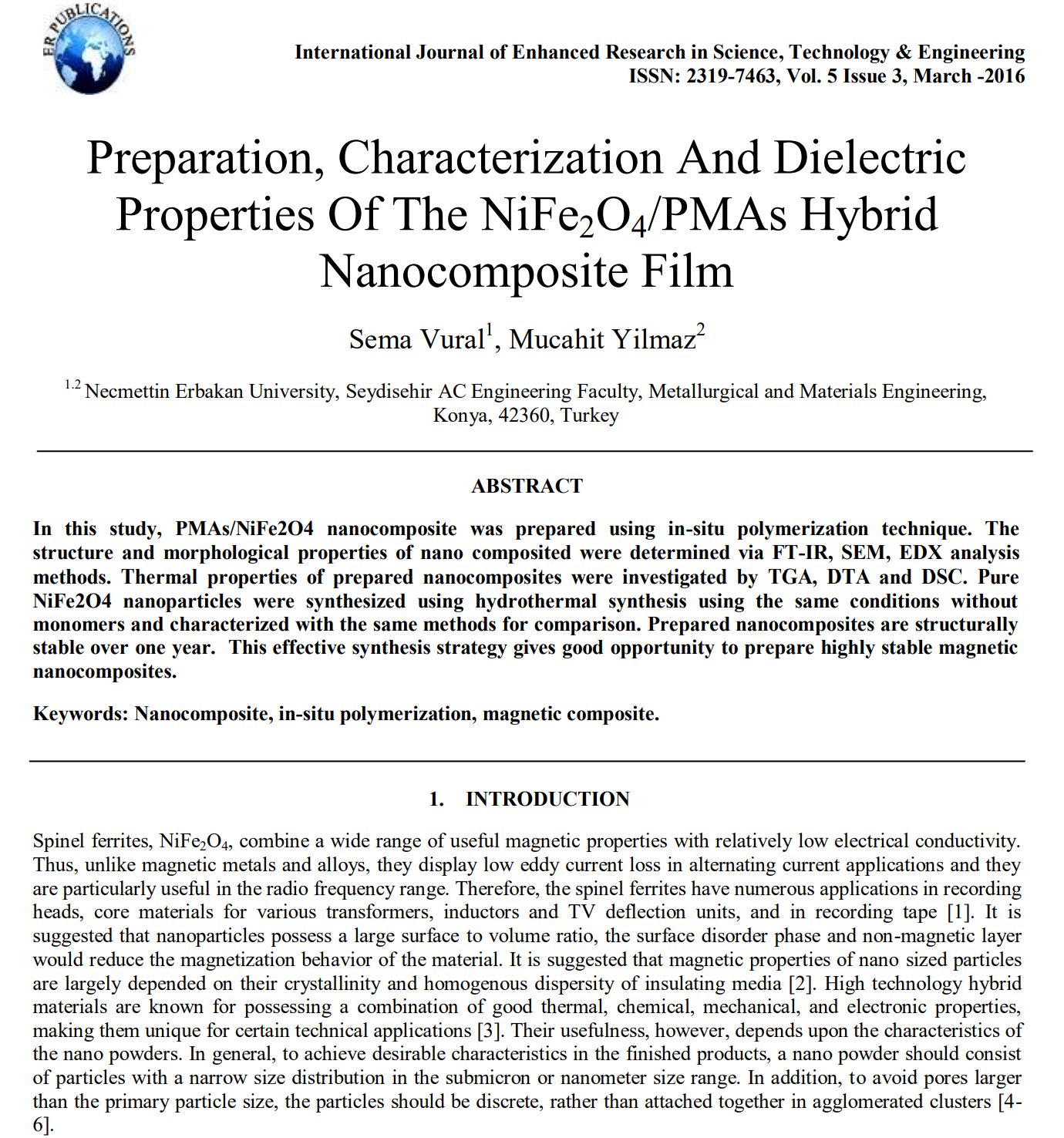 Preparation, characterization and dielectric properties of the NiFe2O4/PMAs yybrid nanocomposite film