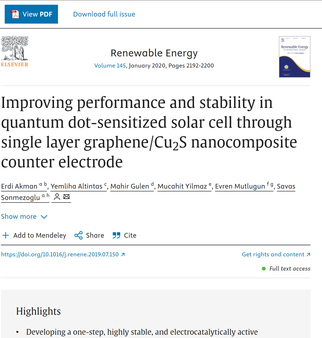 Improving performance and stability in quantum dot-sensitized solar cell through single layer graphene/Cu2S nanocomposite counter electrode
